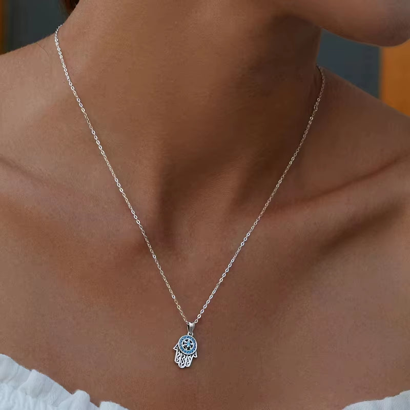 Genuine 925 Sterling Silver Trendy Fatima'S Guarding Hand Pendant Hamsa Lucky Necklaces for Women Fine Jewelry Gift