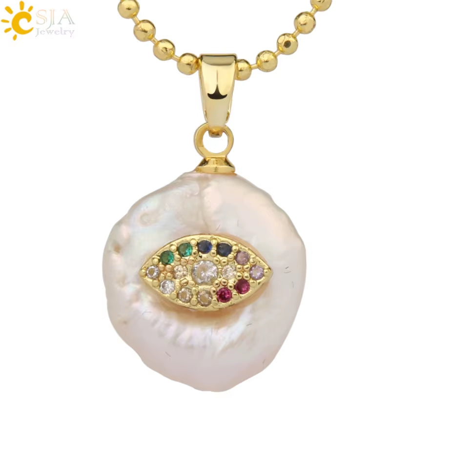 CSJA Coin Freshwater Pearl Pendants Small Size Evil Eye Hamsa Fatima Hand Zircon Gold Color Necklace Choker for Women Girls G205