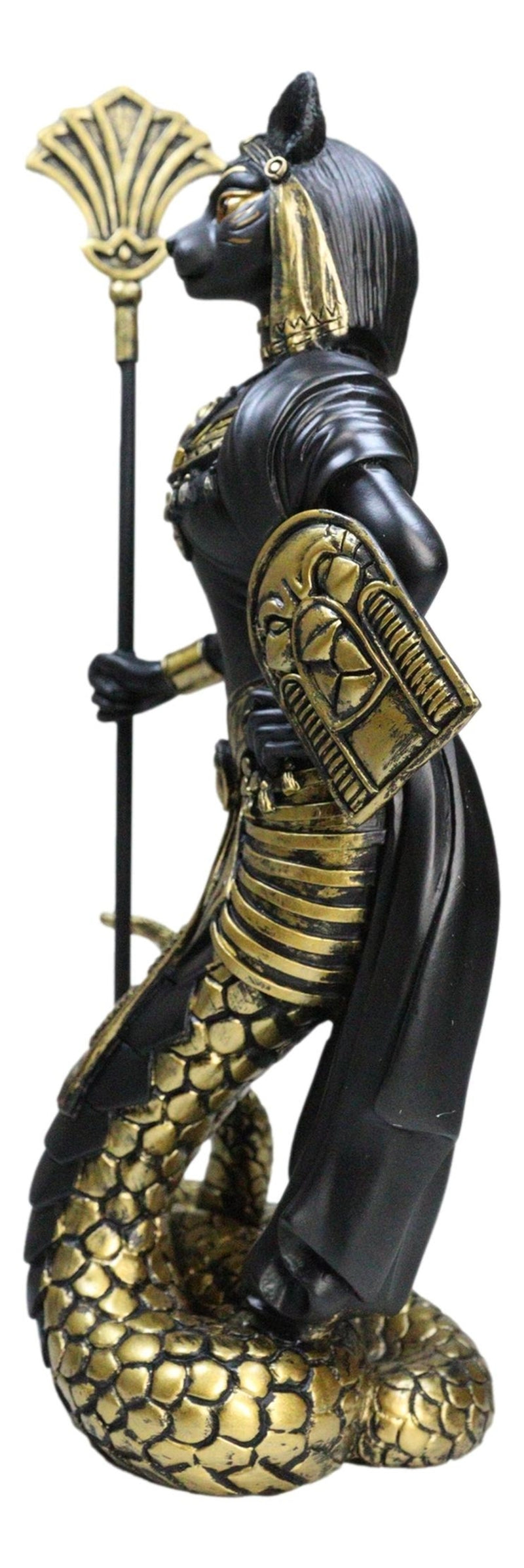 Ebros 11"H Egyptian Bastet Cat with Snake Holding Spear & Shield Statue 11"H