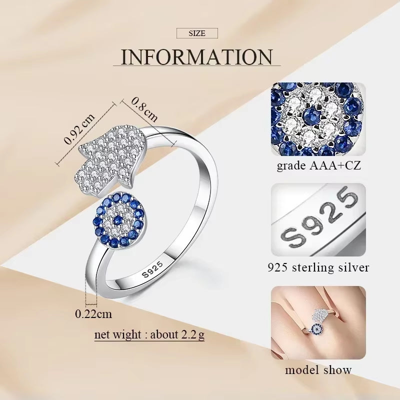 925 Sterling Silver Evil Eye Blue Eye Hamsa Hand Fatima Hand Adjustable Female Rings Open Size Ring Wedding Jewelry