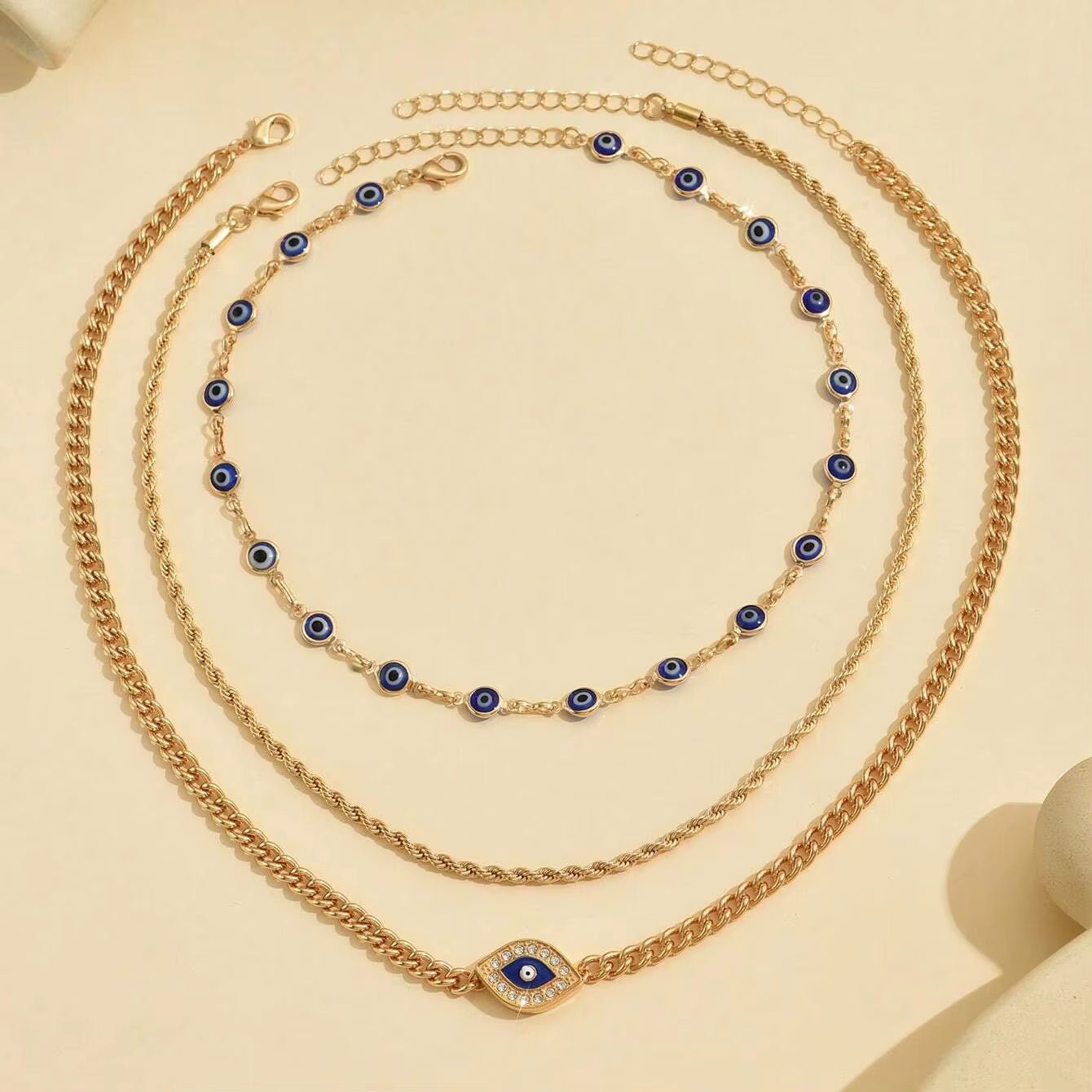 Boho Lucky Multi-Layers Crystal Evil Eye Pendant Necklace for Women Geometric round Charm Clavicle Chain Beach Jewelry