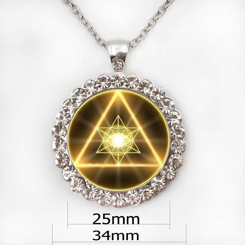 Gold Sacred Geometry Cabochon Glass Tibet round Chain Pendant Necklace HZ1