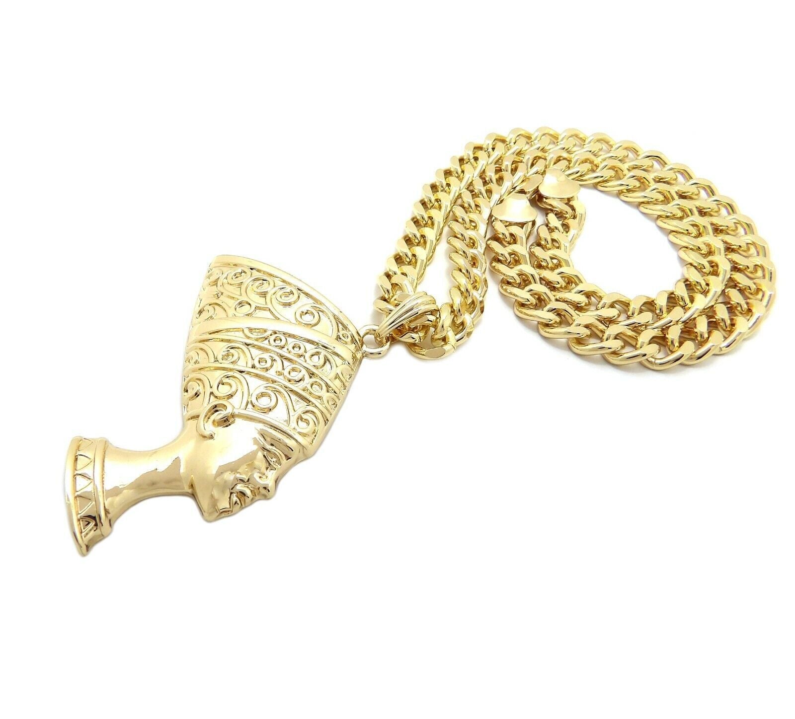 GOLD PLATED EGYPTIAN QUEEN NEFERTITI PENDANT & 10Mm CUBAN CHAIN HIP HOP NECKLACE