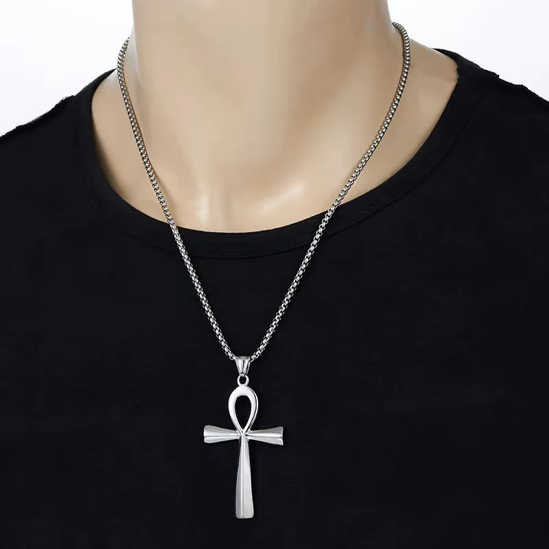 Egyptian Ankh Cross Necklaces Pendants Gold Color Stainless Steel Hieroglyphs Amulet Necklaces for Women Men Egypt Jewelry Gifts