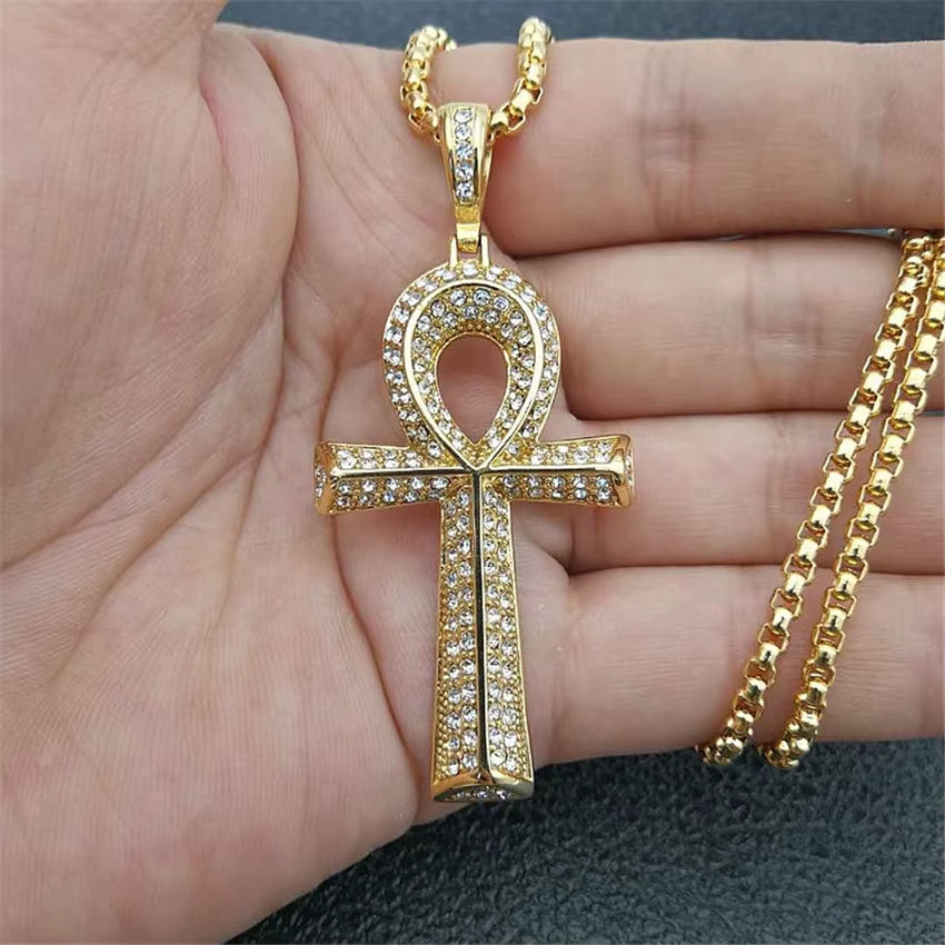 Men'S Egyptian Ankh Cross Pendant with Stainless Steel Chain and Iced Out Bling Full Rhinestones Necklace Hip Hop Egypt Jewelry