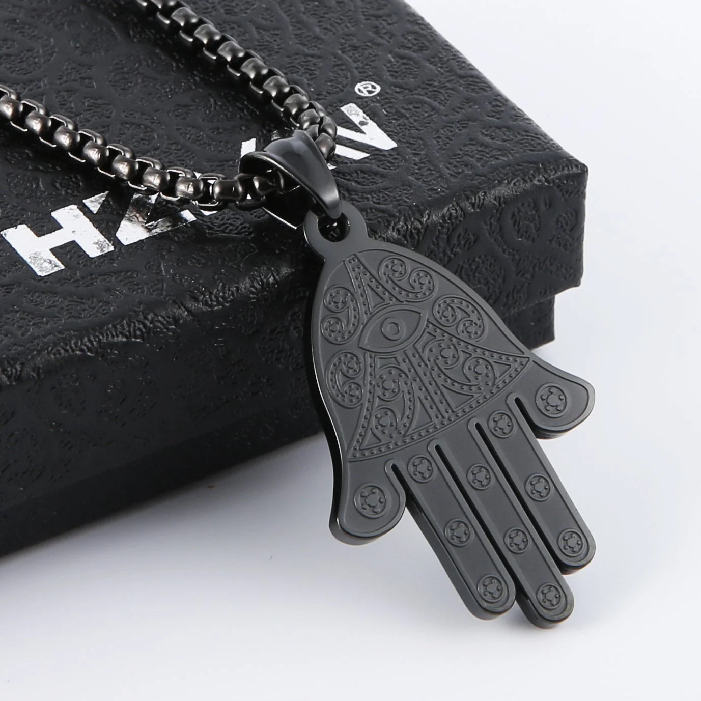 Stainless Steel Egyptian Eye Fatima Hamsa Hand Pendant Necklace Success and Protection Lucky (Black)