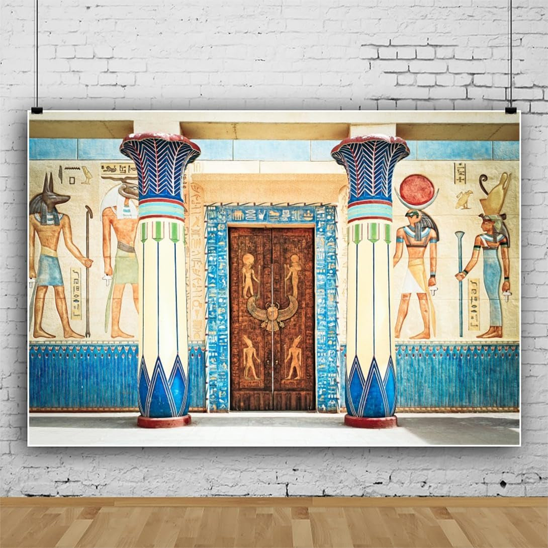 7X5Ft Vinyl Ancient Egyptian Mural Painting Backdrop Pharaoh Hieroglyphics Hand Painted Pillars Religion Artistic Belief Carving Door Photography Background Kids Adults Photo Studio Props