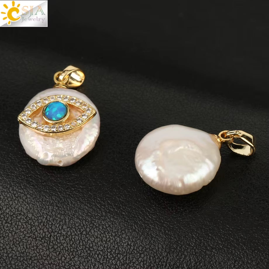 CSJA Coin Freshwater Pearl Pendants Small Size Evil Eye Hamsa Fatima Hand Zircon Gold Color Necklace Choker for Women Girls G205
