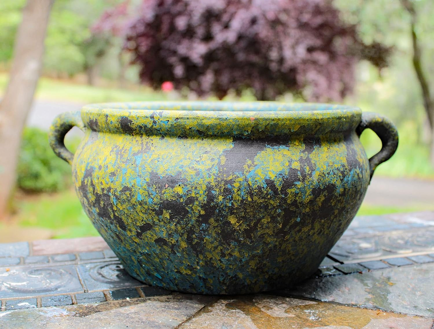 Egyptian Era Designed Earthen Ware Terra-Cotta Vessel/Planter with Looped Handles (Spring Green)