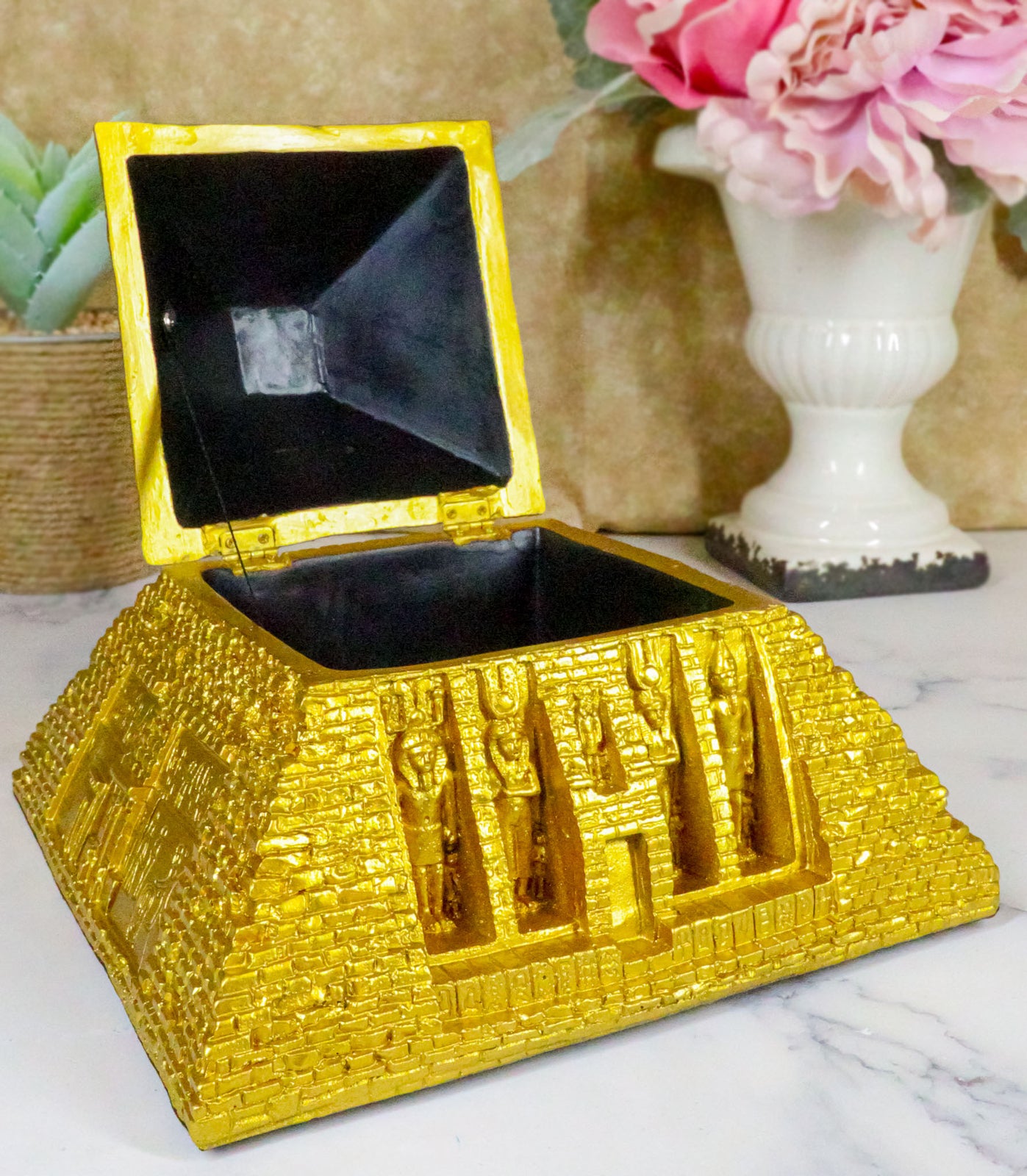 Ebros Golden Ancient Egyptian Gods Carved Pyramid Hinged Jewelry Box 7" Long