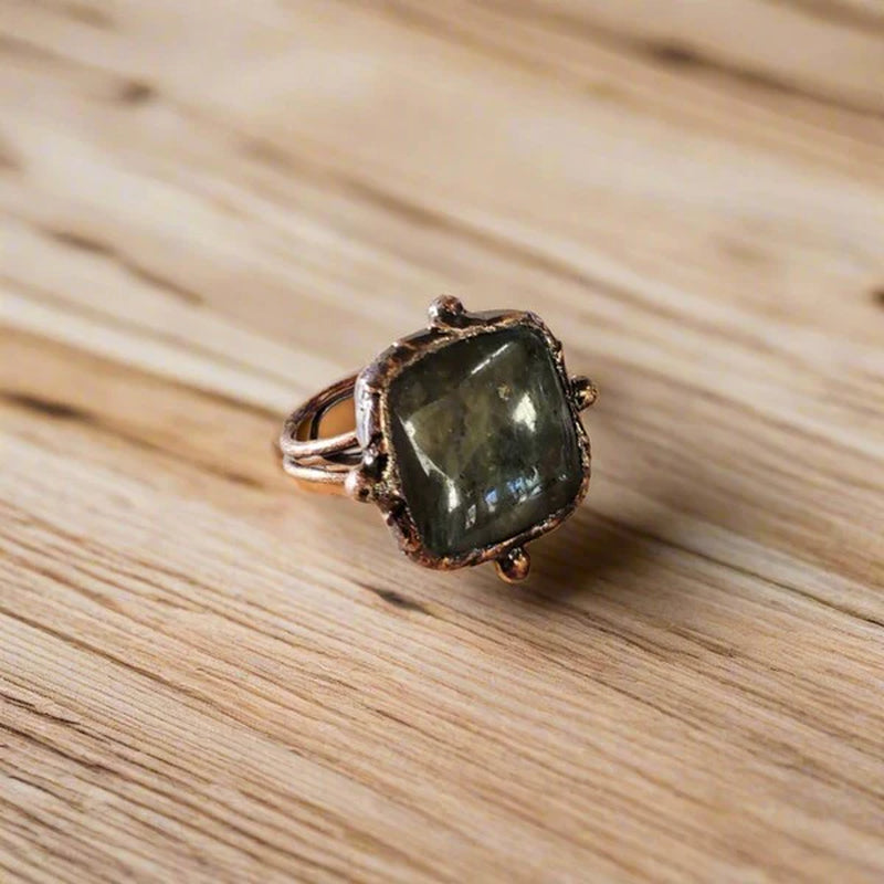 Genuine Labradorite Ring Square Antique Copper