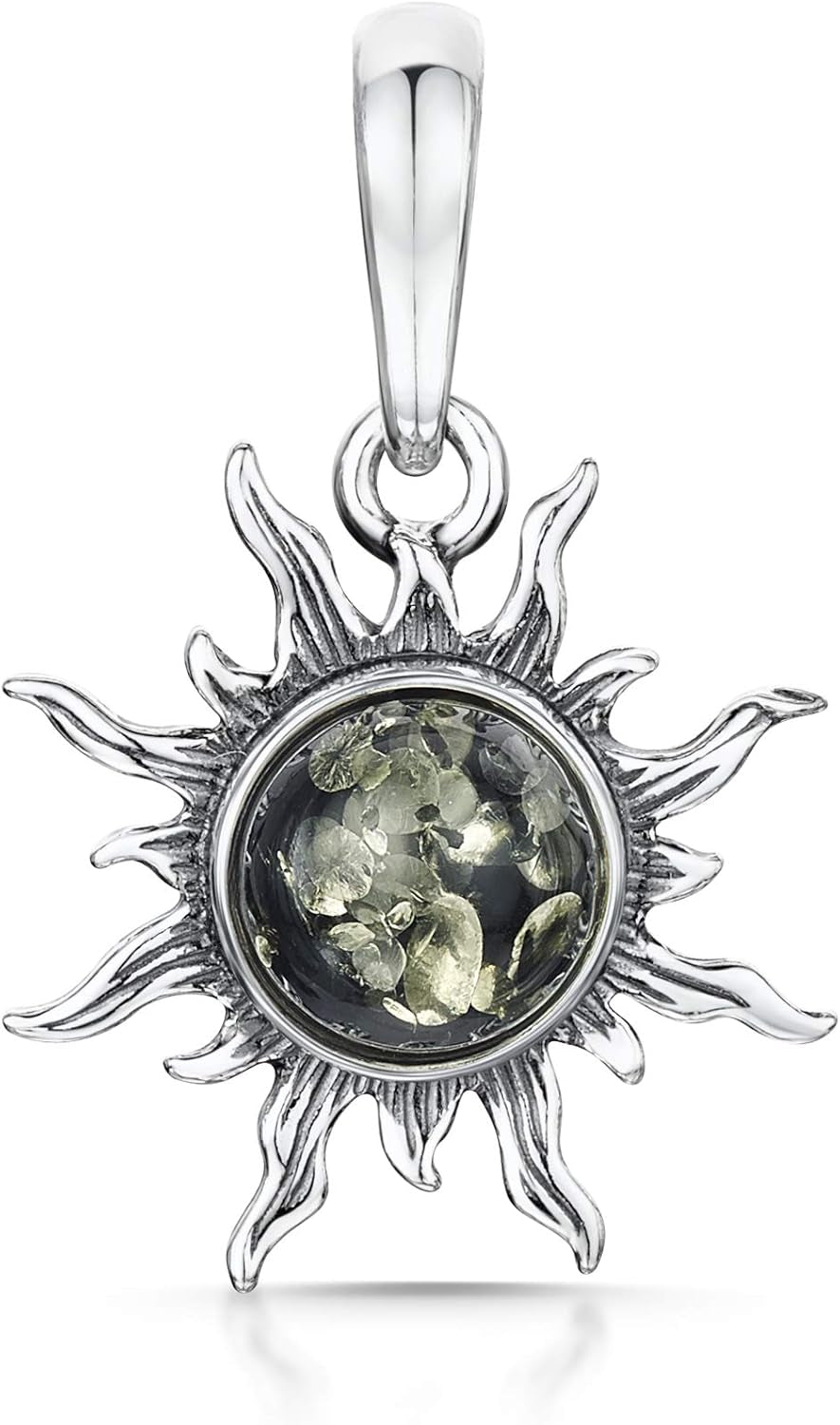 925 Sterling Silver with Genuine Baltic Amber - Sun Pendant for Women - Various Stone Colors