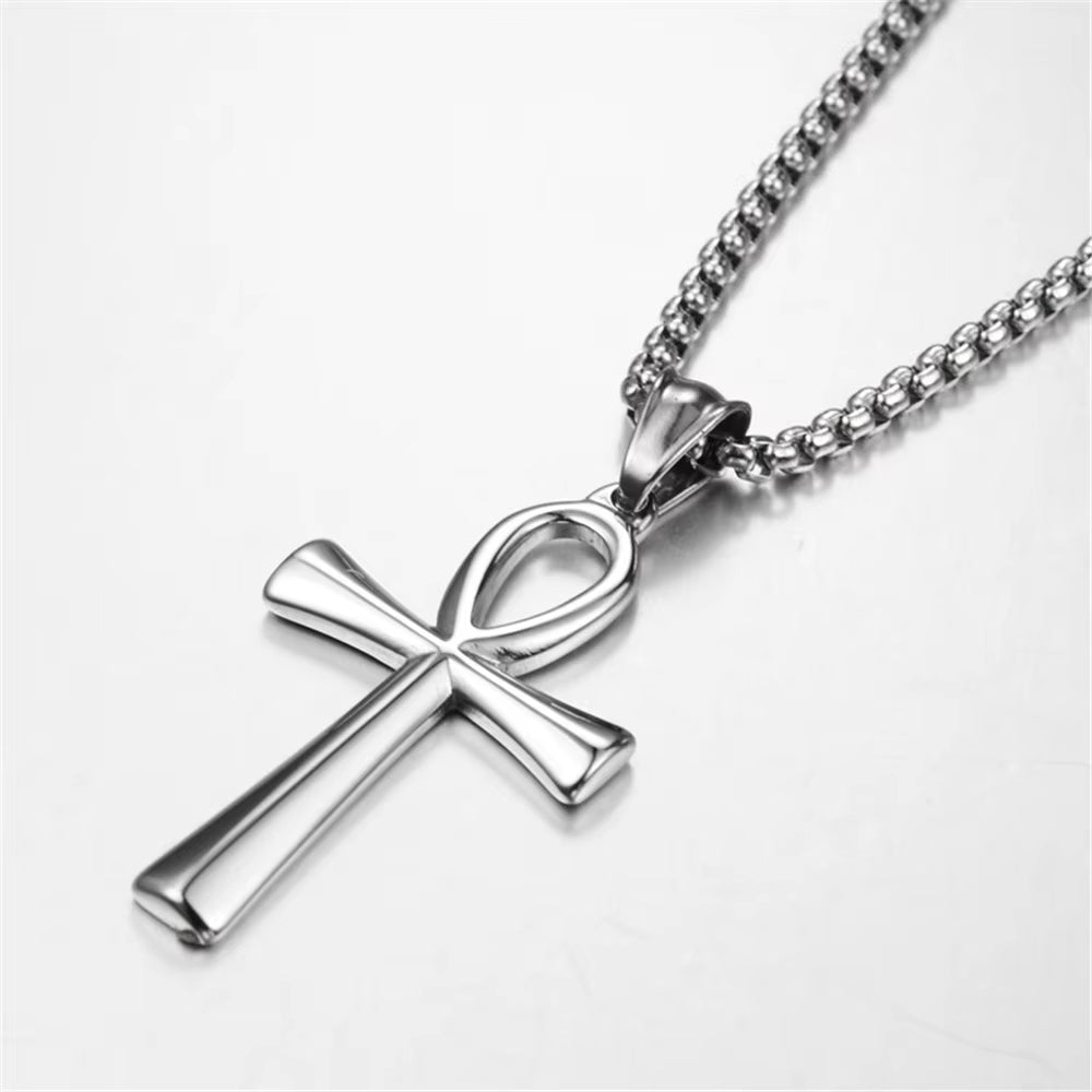 Egyptian Ankh Cross Necklaces Pendants Gold Color Stainless Steel Hieroglyphs Amulet Necklaces for Women Men Egypt Jewelry Gifts