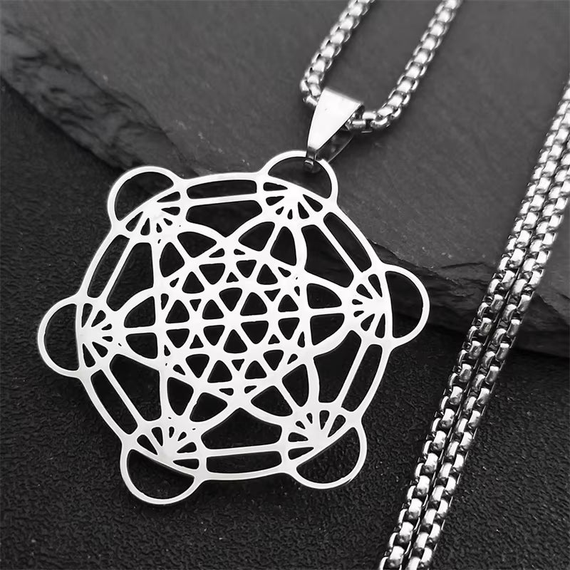 Flower of Life Chakra Spiritual Necklace for Women Stainless Steel Sacred Geometry Metatron Cube Salomon Men Collar Jewelry