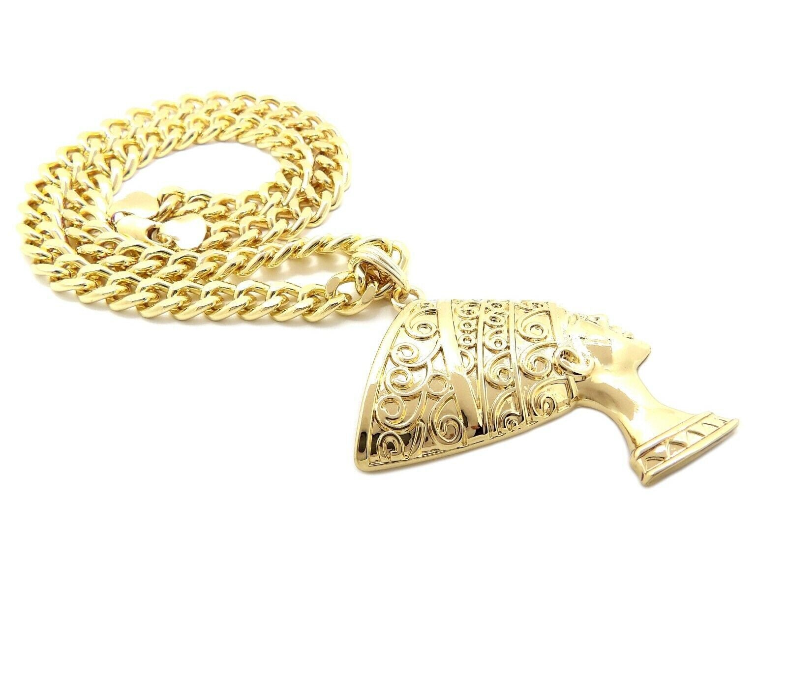 GOLD PLATED EGYPTIAN QUEEN NEFERTITI PENDANT & 10Mm CUBAN CHAIN HIP HOP NECKLACE