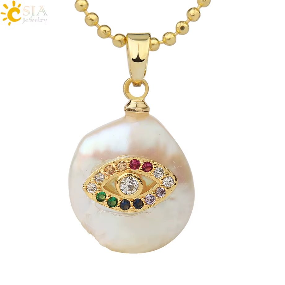 CSJA Coin Freshwater Pearl Pendants Small Size Evil Eye Hamsa Fatima Hand Zircon Gold Color Necklace Choker for Women Girls G205