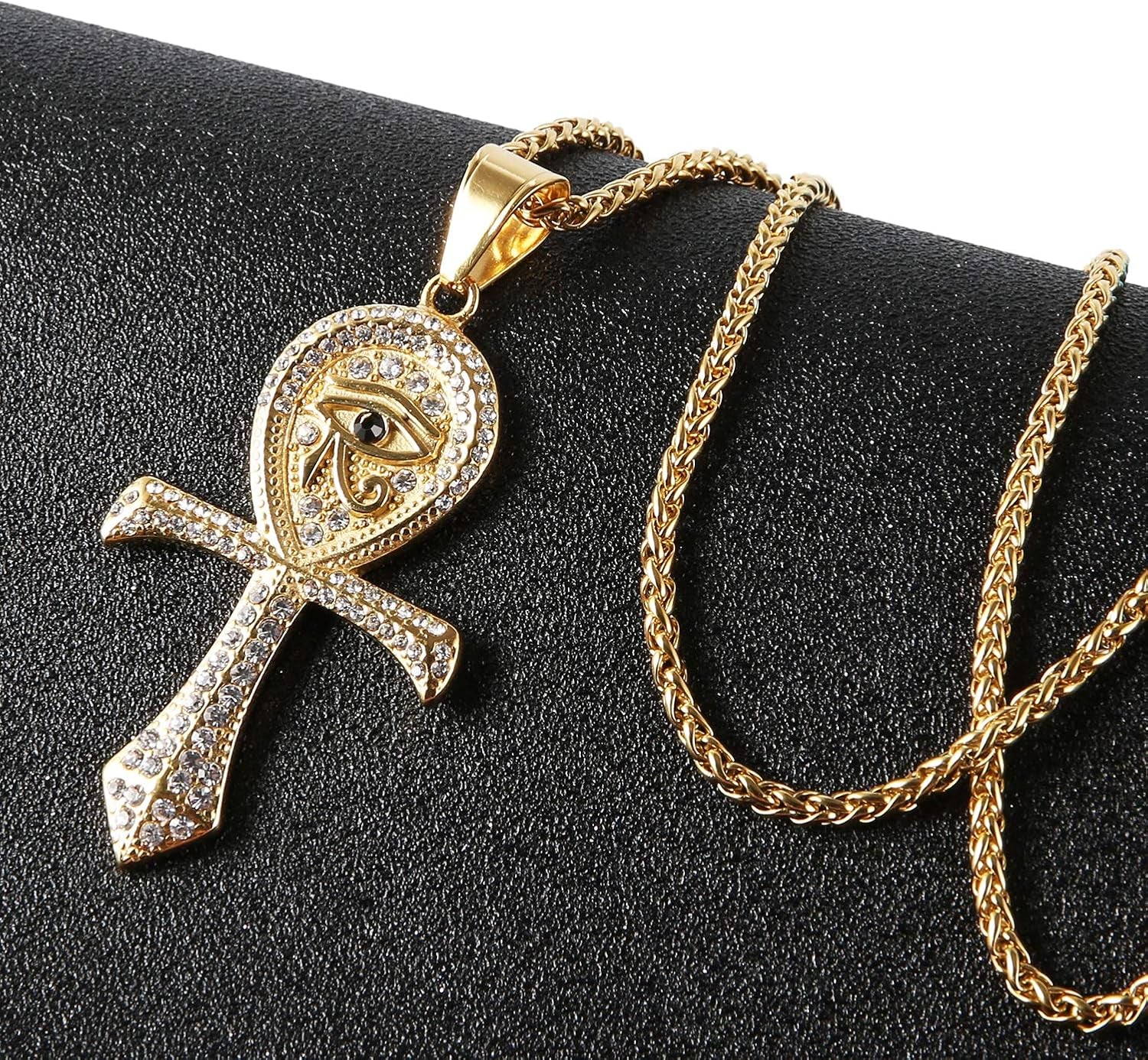 CZ Eye of Horus Egypt Protection Pendant Coptic Ankh Cross Religious Stainless Steel Necklace