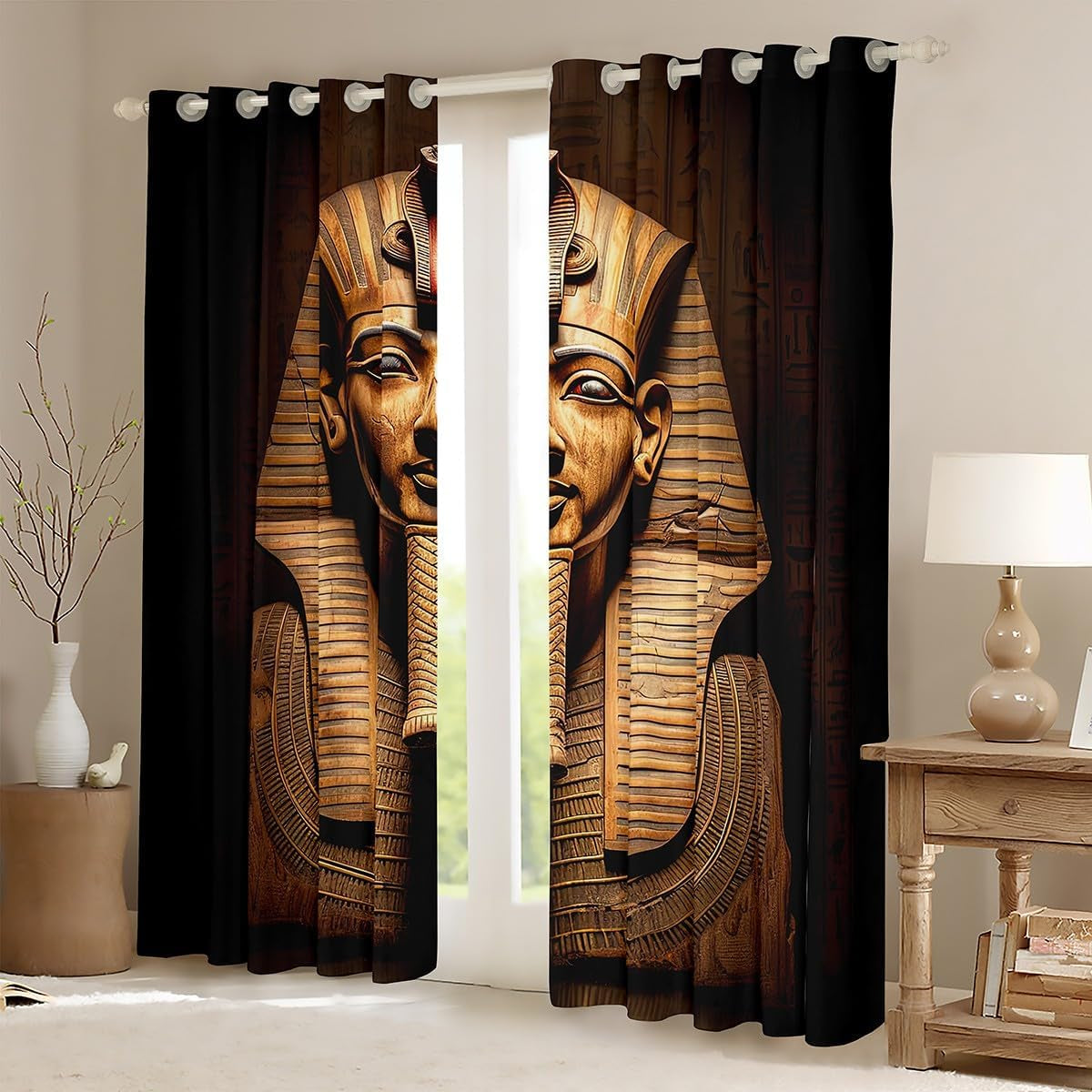 Egyptian Pharaoh Window Drapes, Ancient Egypt Tribe Exotic Retro Egyptian Pyramids Curtains, Decorative Bedroom Living Room Window Curtain Panels, 84W X90L, Brown Black Golden
