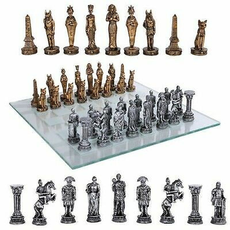 Ebros Kingdoms at War Egyptian VS Roman Army Resin Chess Pieces Glass Board Set