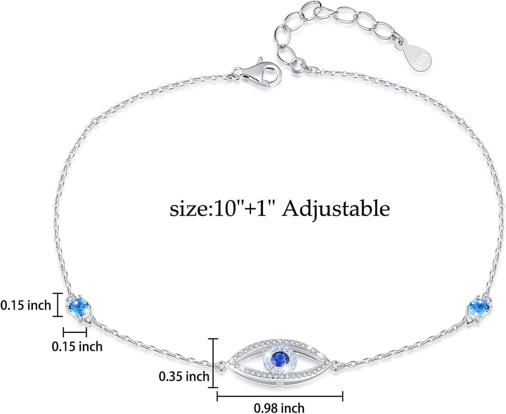 Evil Eye Anklet, Sterling Silver Adjustable Anklets for Womens,Cubic Zirconia Blue Evil Eye Jewelry Gifts for Women(Anklet 10 Inches)