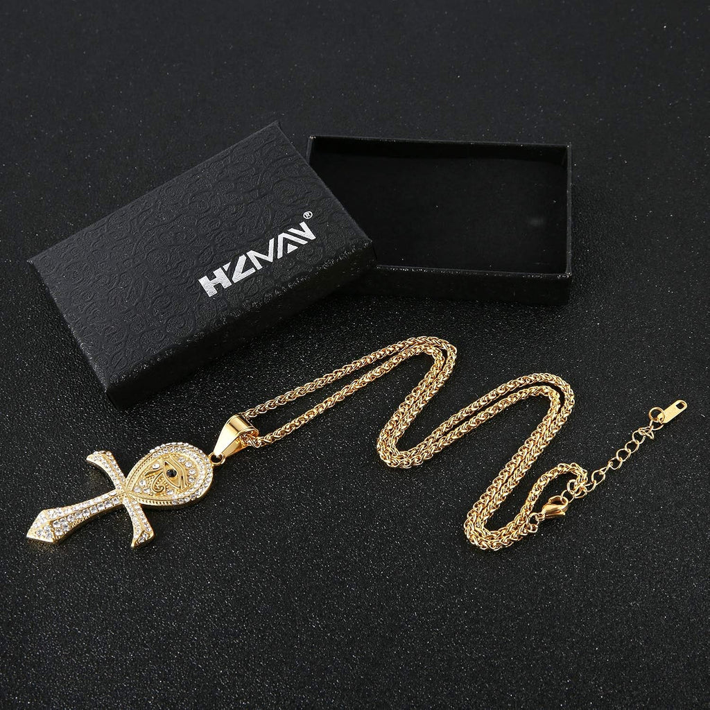 CZ Eye of Horus Egypt Protection Pendant Coptic Ankh Cross Religious Stainless Steel Necklace