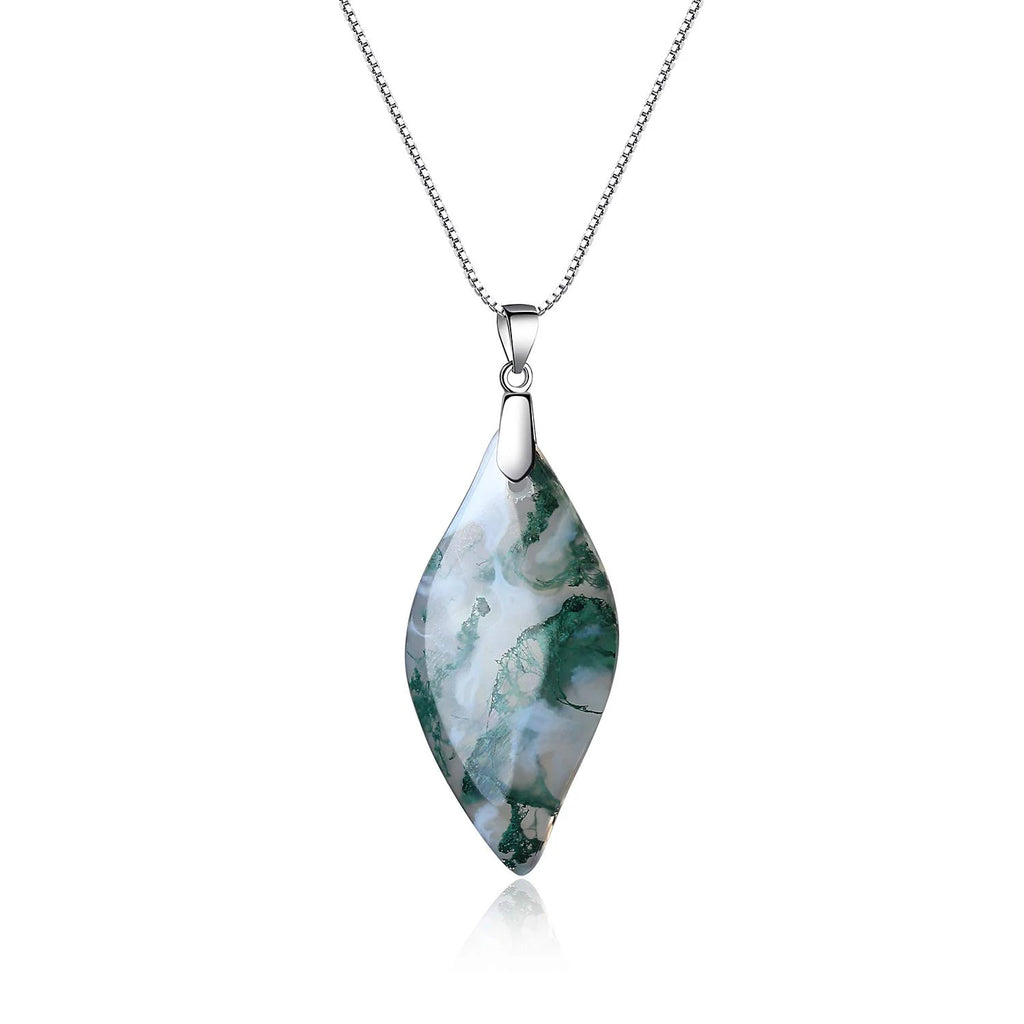 925 Sterling Silver Moss Agate Leaf Amulet Pendant Necklace for Women C36