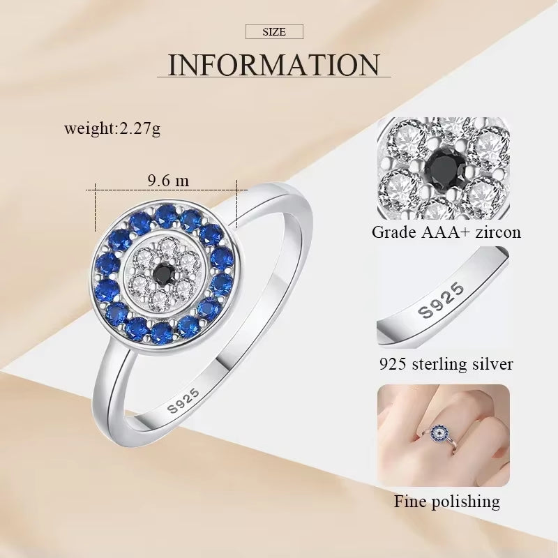 Pure 925 Sterling Silver Rings for Women Lucky Evil Eye Charm Blue CZ Finger Gold Rings Men Engagement Wedding Jewelry