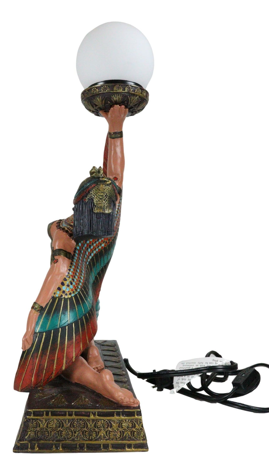 Egyptian Winged Goddess Isis Dancing Side Table Glass Orb Sphere Lamp Statue