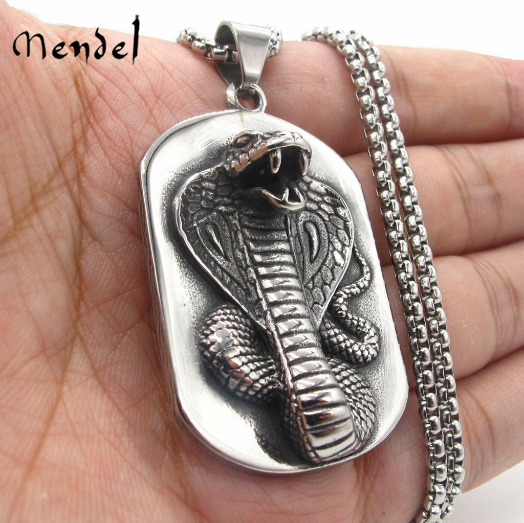 MENDEL Cool Mens Stainless Steel Dog Tag Cobra Kai Snake Pendant Necklace Men