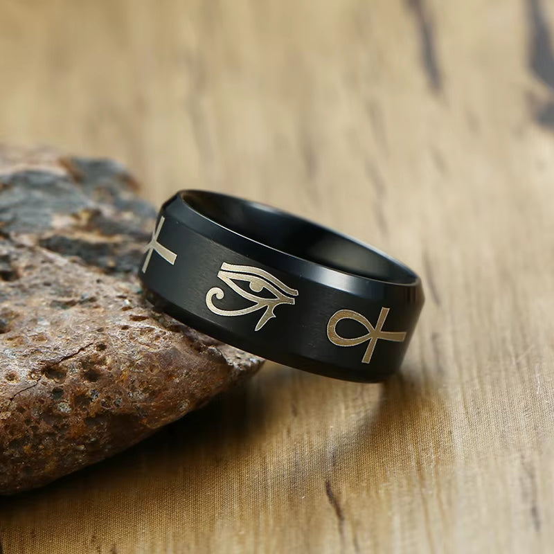 Egyptian Men Ankh Ring Stainless Steel Black Color Eye of Horus Fashion Wedding Band Key of Life Anillos Anniversary Party Gifts