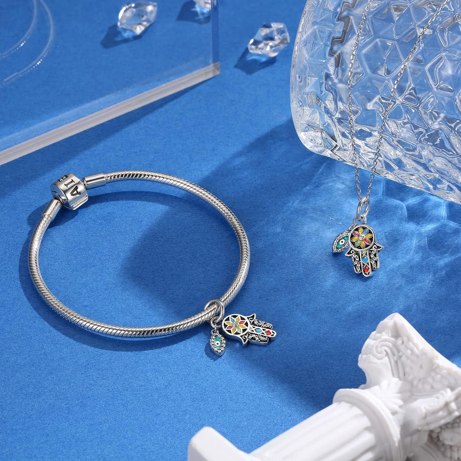 Evil Eye Charms 925 Sterling Silver Charms for Bracelet and Lucky Jewelry Hamsa Charm Fatima Charms Beads European Charm Evil Eye Compatible Bracelet Necklace for Women Mother Sister Gifts