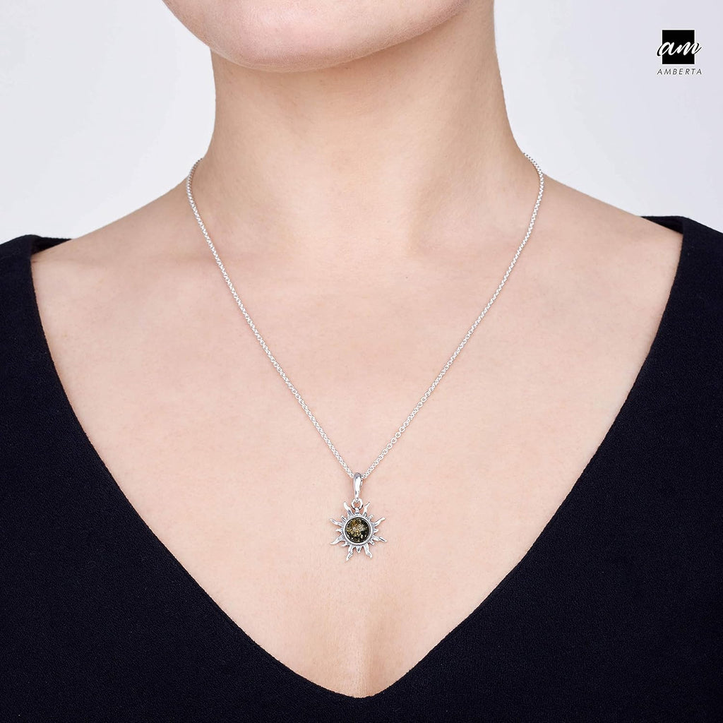 925 Sterling Silver with Genuine Baltic Amber - Sun Pendant for Women - Various Stone Colors