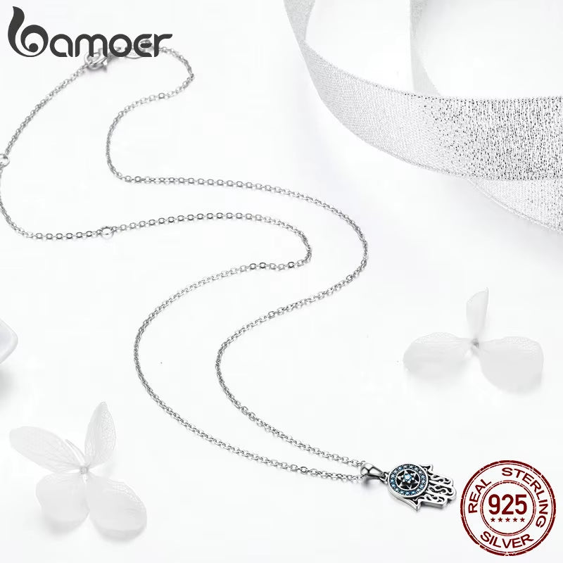 Genuine 925 Sterling Silver Trendy Fatima'S Guarding Hand Pendant Hamsa Lucky Necklaces for Women Fine Jewelry Gift