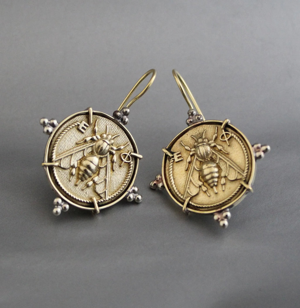 Honeybee Coin Earrings: Brass Ancient Roman Style Jewelry