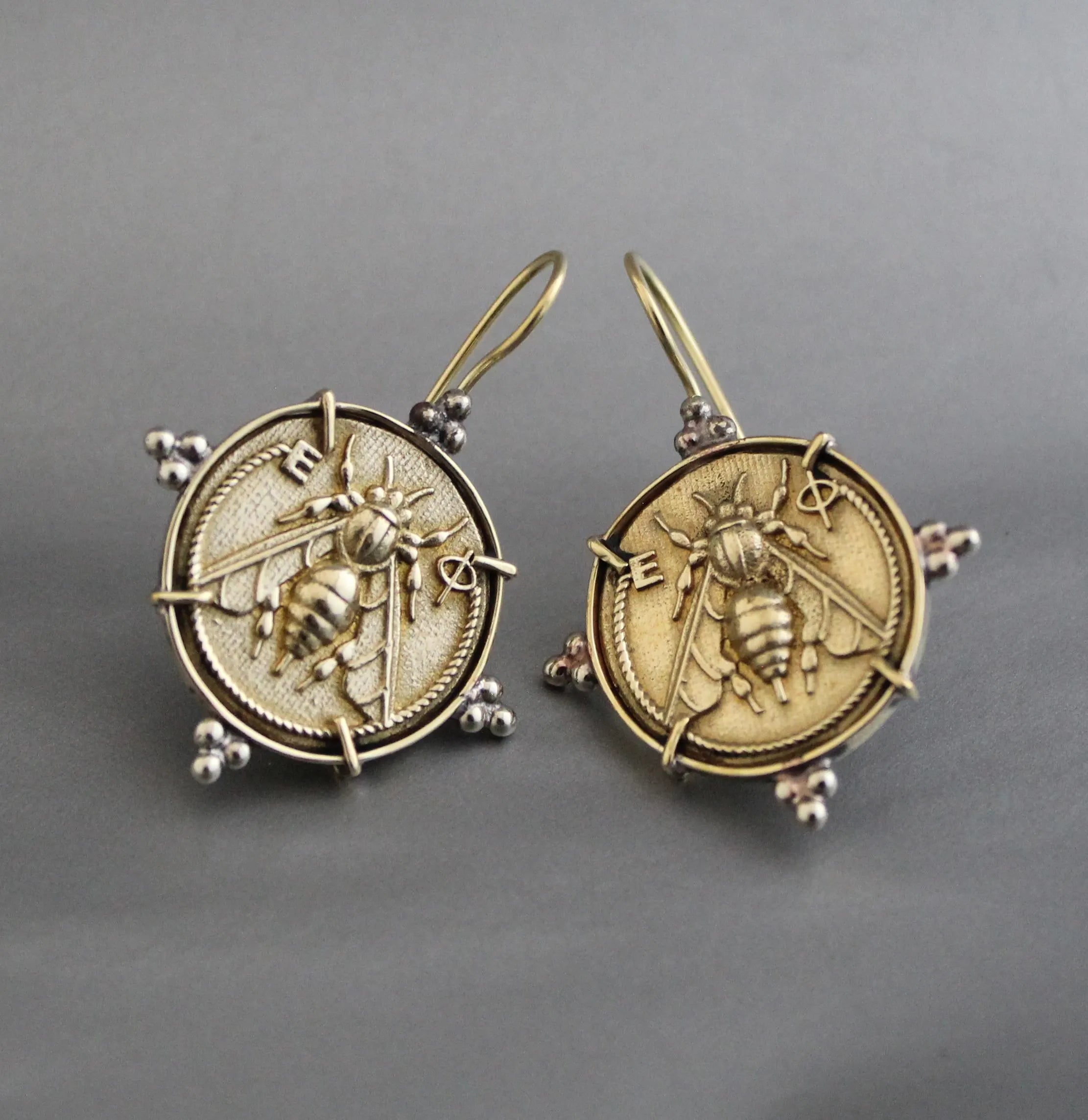 Honeybee Coin Earrings: Brass Ancient Roman Style Jewelry