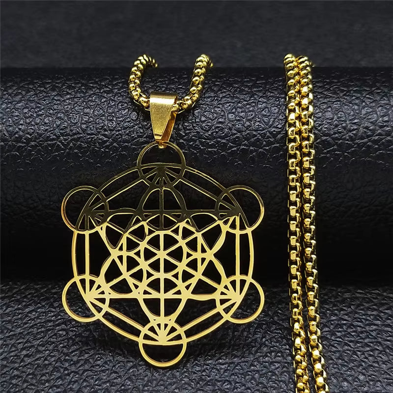 Flower of Life Chakra Spiritual Necklace for Women Stainless Steel Sacred Geometry Metatron Cube Salomon Men Collar Jewelry