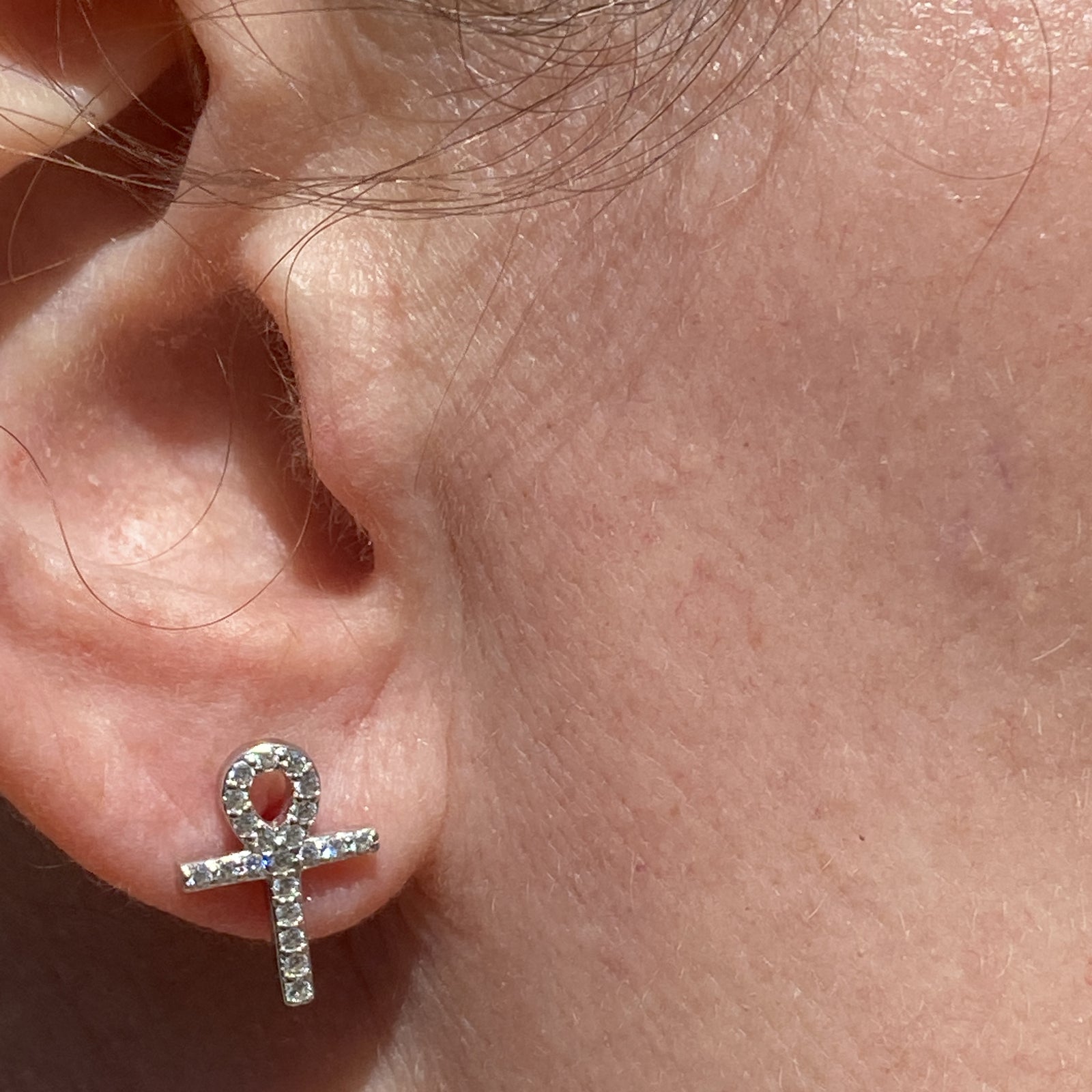 925 Sterling Silver Egyptian Ankh Cross Earrings Iced Flooded Out CZ Screw Back