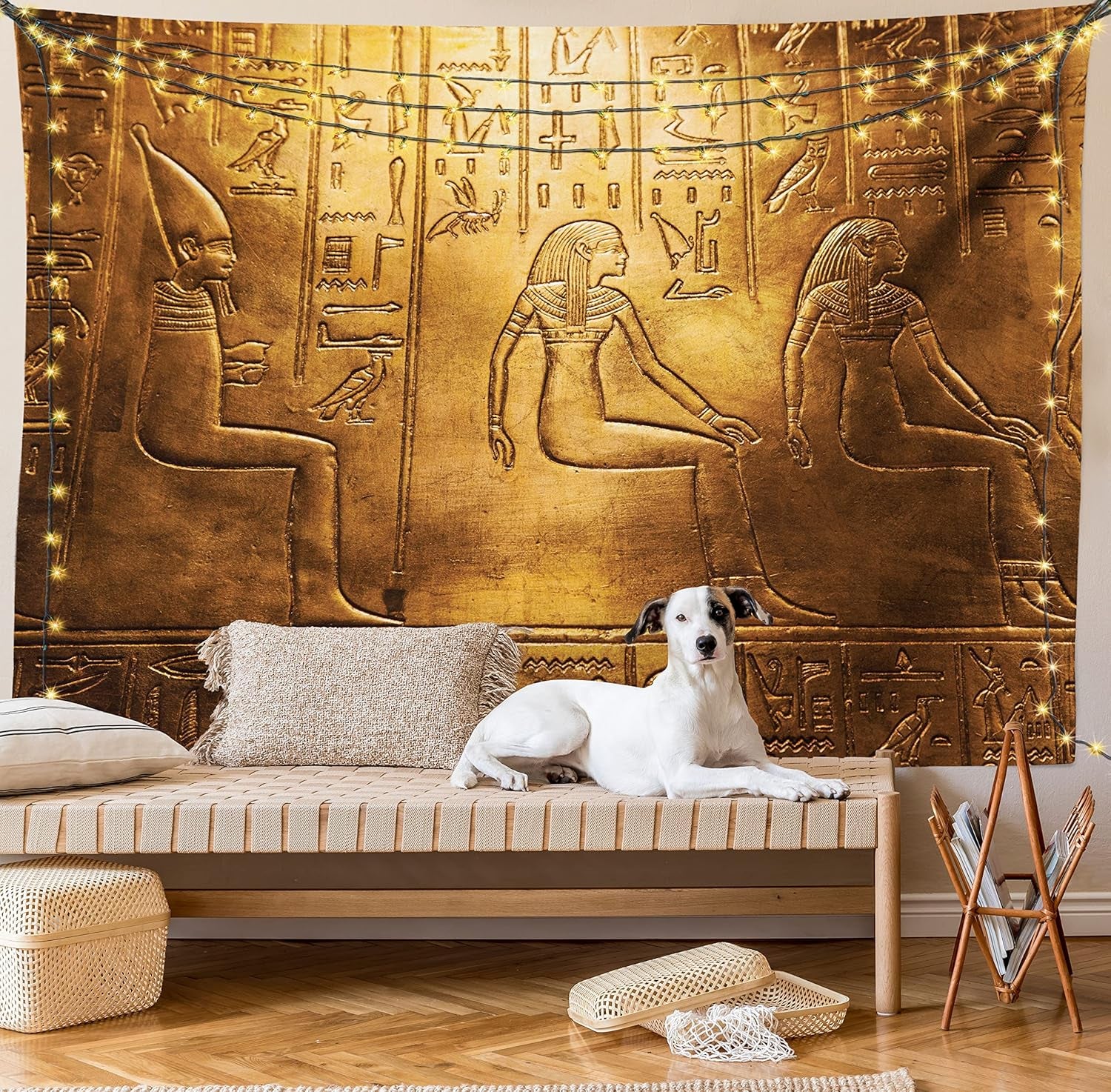 Egyptian Print Tapestry Twin Size, Egypt Hieroglyphics Old Logographic Details Alphabetic Elements, Wall Hanging Bedspread Bed Cover Wall Decor, Twin Size, Coffee Brown