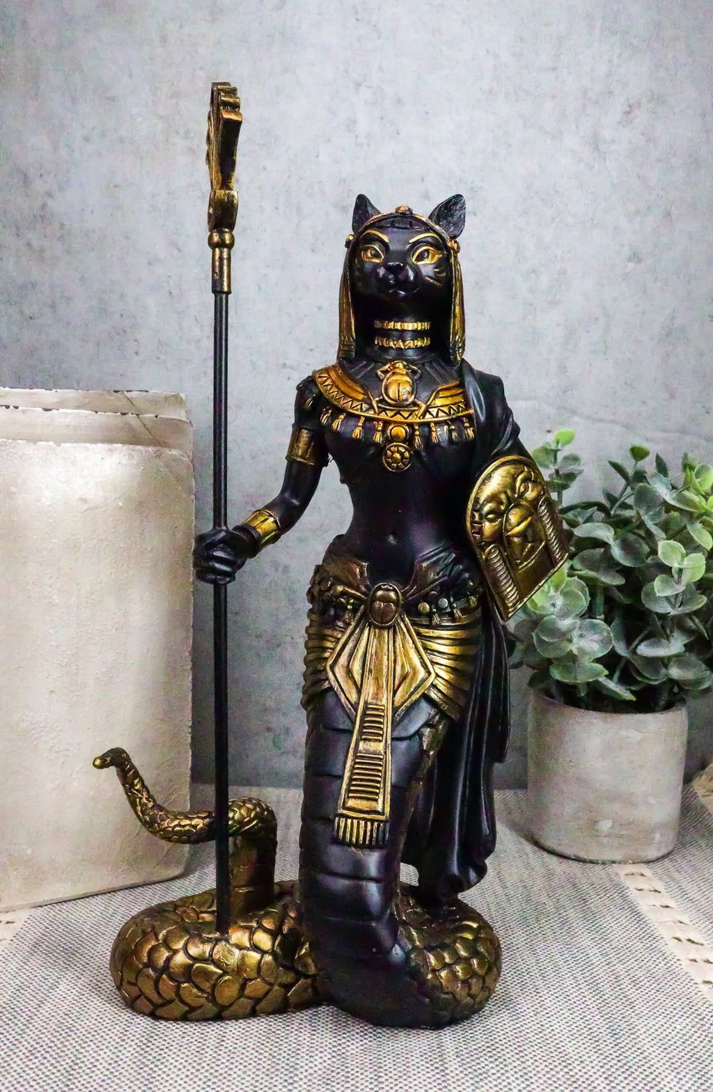 Ebros 11"H Egyptian Bastet Cat with Snake Holding Spear & Shield Statue 11"H