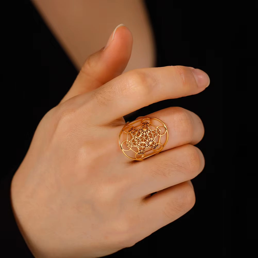 Angel Seal Archangel Metatron Cube Adjustable Ring Stainless Steel Sacred Geometry Rings Amulet Spiritual Jewelry Gifts