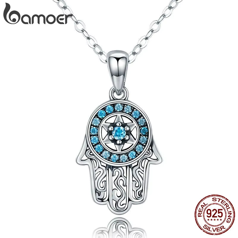 Genuine 925 Sterling Silver Trendy Fatima'S Guarding Hand Pendant Hamsa Lucky Necklaces for Women Fine Jewelry Gift