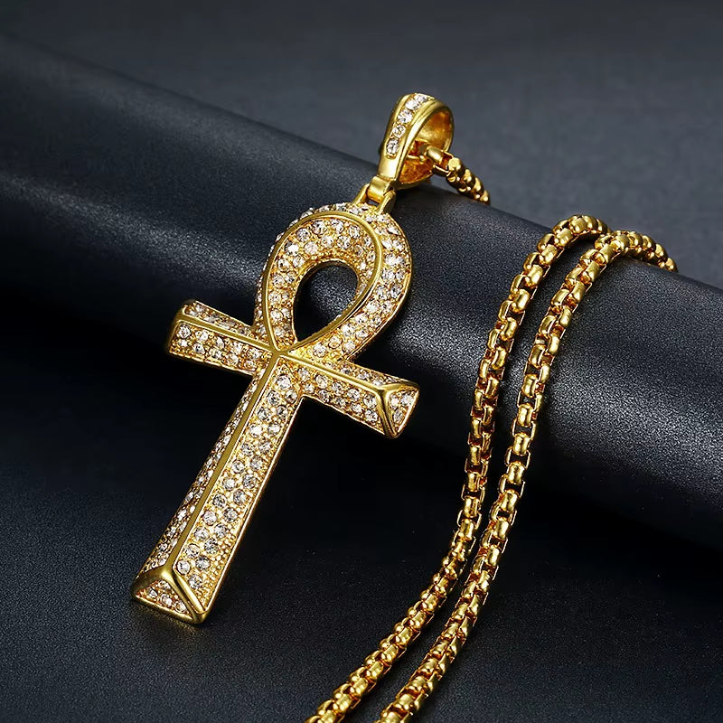 Men'S Egyptian Ankh Cross Pendant with Stainless Steel Chain and Iced Out Bling Full Rhinestones Necklace Hip Hop Egypt Jewelry