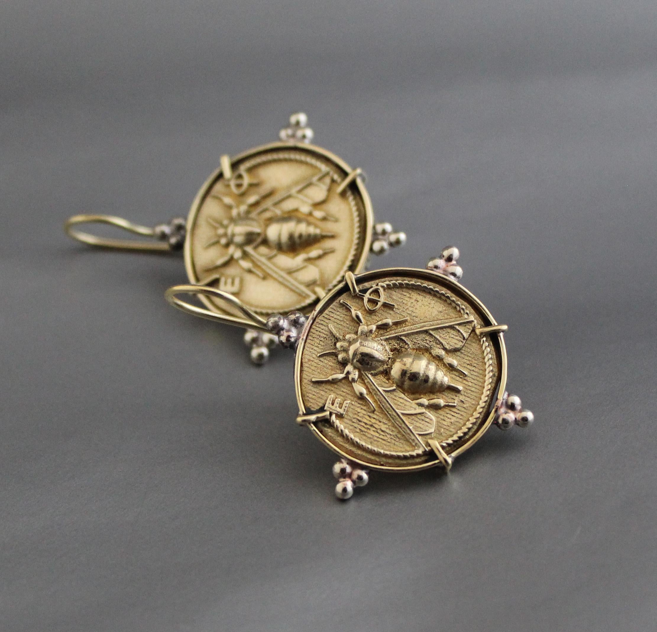 Honeybee Coin Earrings: Brass Ancient Roman Style Jewelry