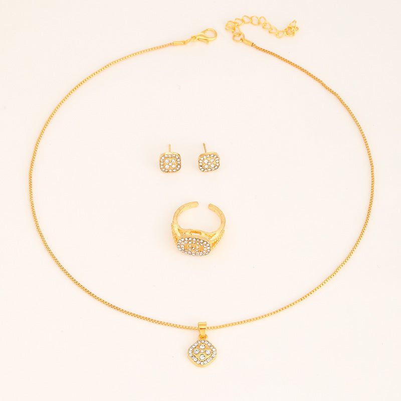 Diamond Geometric Necklace Ring Earrings 3-Piece Set