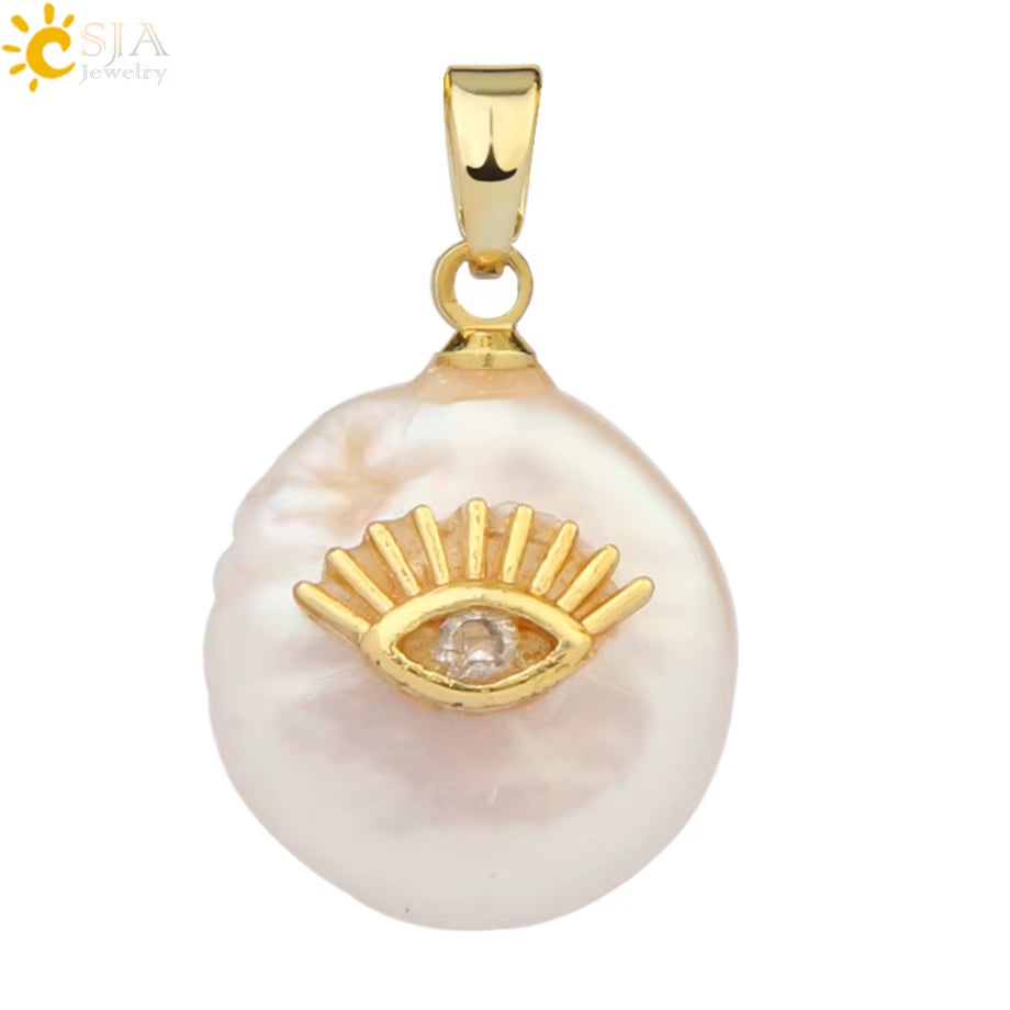 CSJA Coin Freshwater Pearl Pendants Small Size Evil Eye Hamsa Fatima Hand Zircon Gold Color Necklace Choker for Women Girls G205