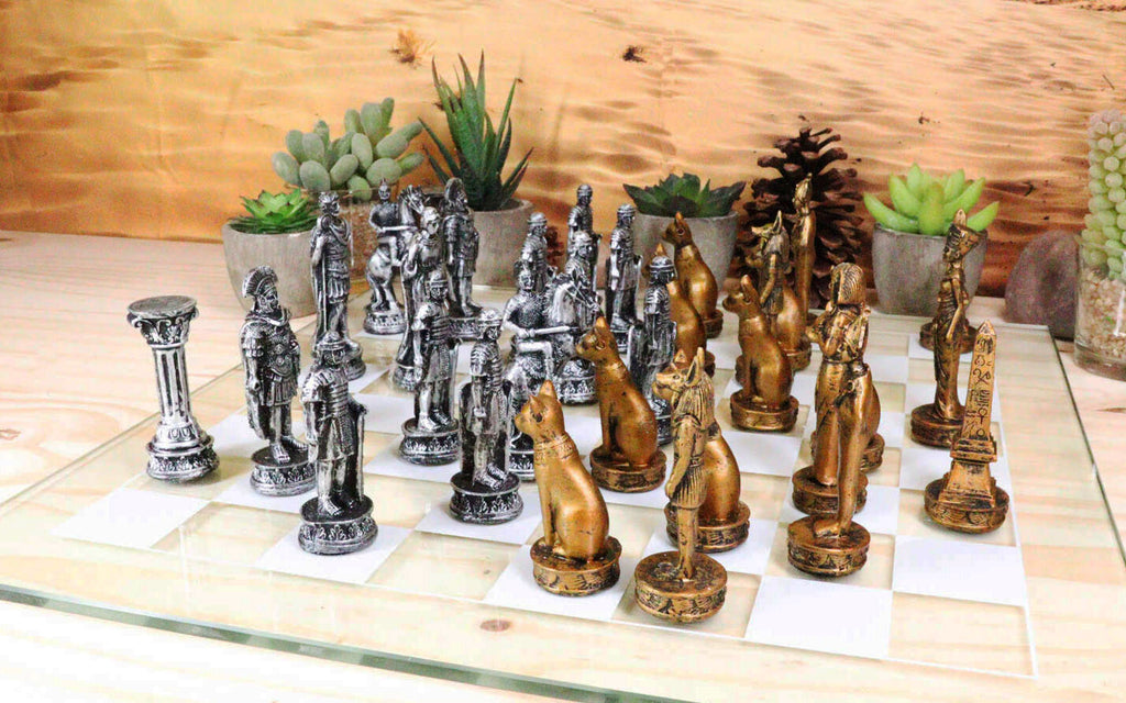 Ebros Kingdoms at War Egyptian VS Roman Army Resin Chess Pieces Glass Board Set