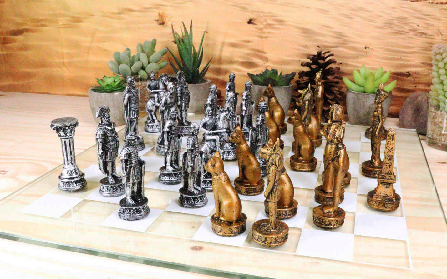 Ebros Kingdoms at War Egyptian VS Roman Army Resin Chess Pieces Glass Board Set