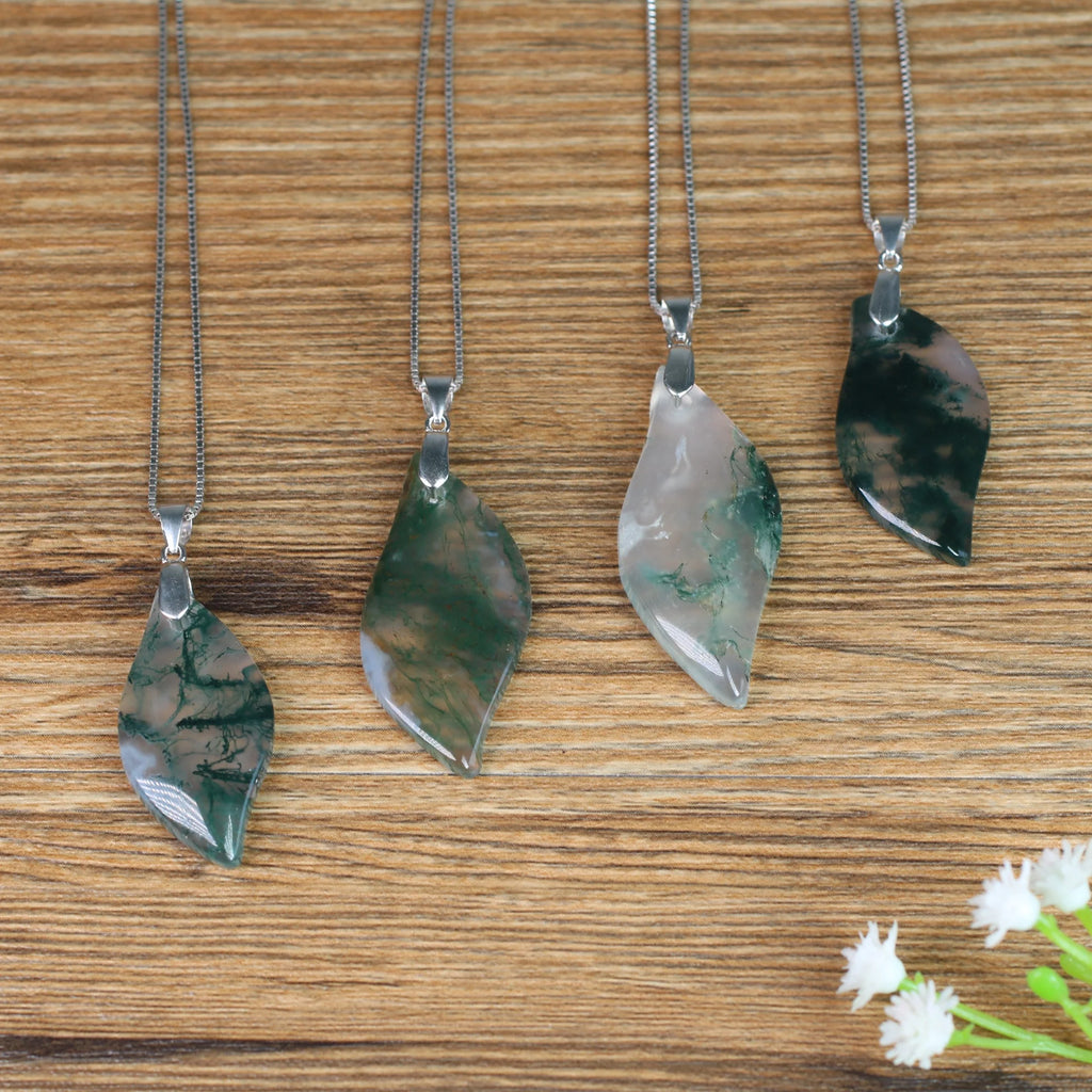 925 Sterling Silver Moss Agate Leaf Amulet Pendant Necklace for Women C36