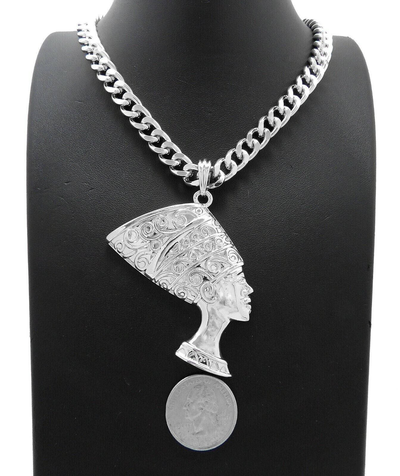 GOLD PLATED EGYPTIAN QUEEN NEFERTITI PENDANT & 10Mm CUBAN CHAIN HIP HOP NECKLACE