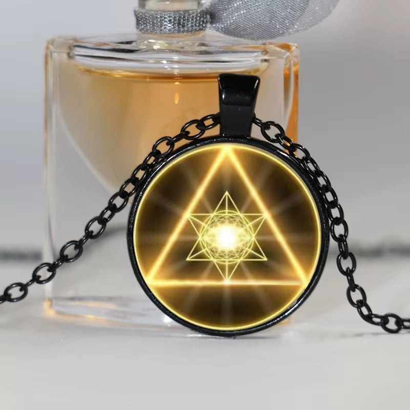 Gold Sacred Geometry Cabochon Glass Tibet round Chain Pendant Necklace HZ1